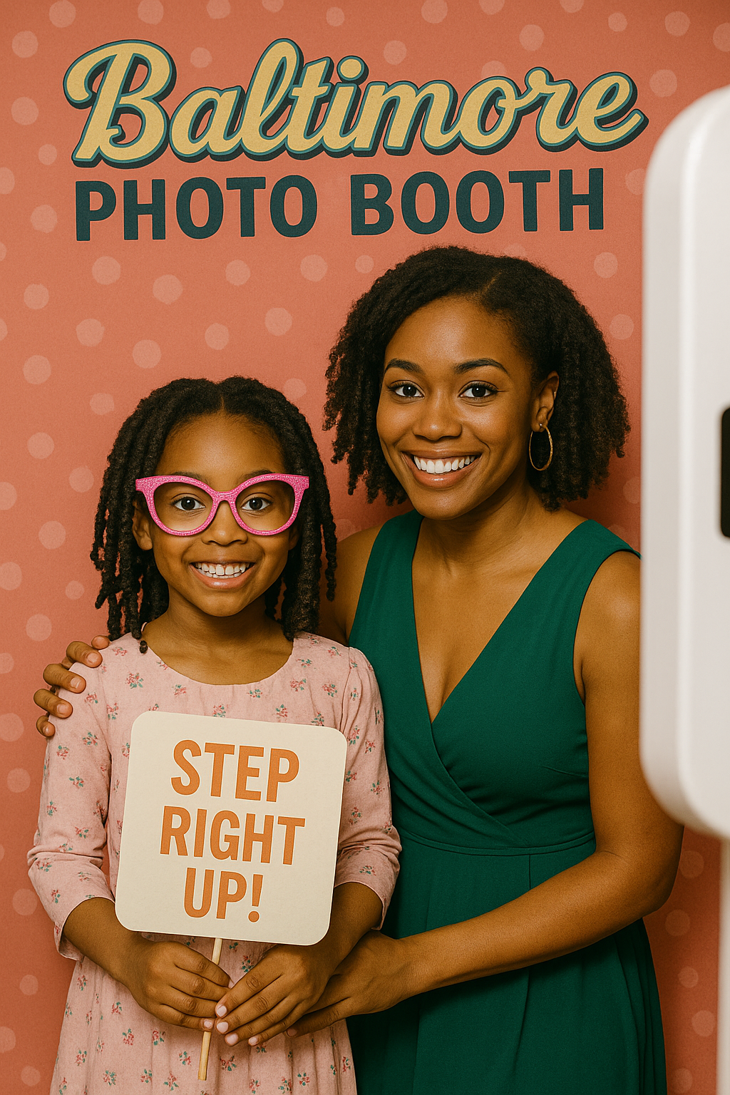 Mother and daughter at Baltimore photo booth with coral polka dot backdrop