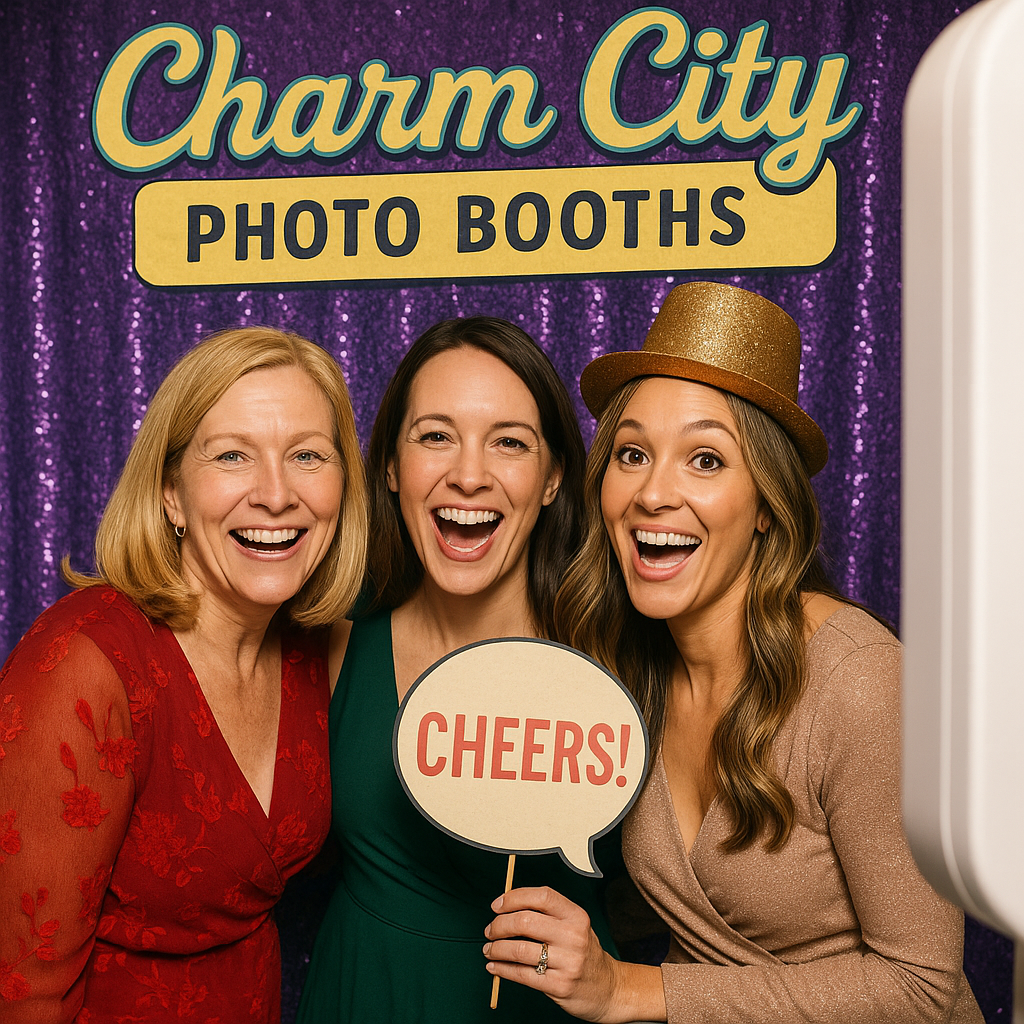 Friends celebrating at Baltimore photo booth with purple sequin backdrop