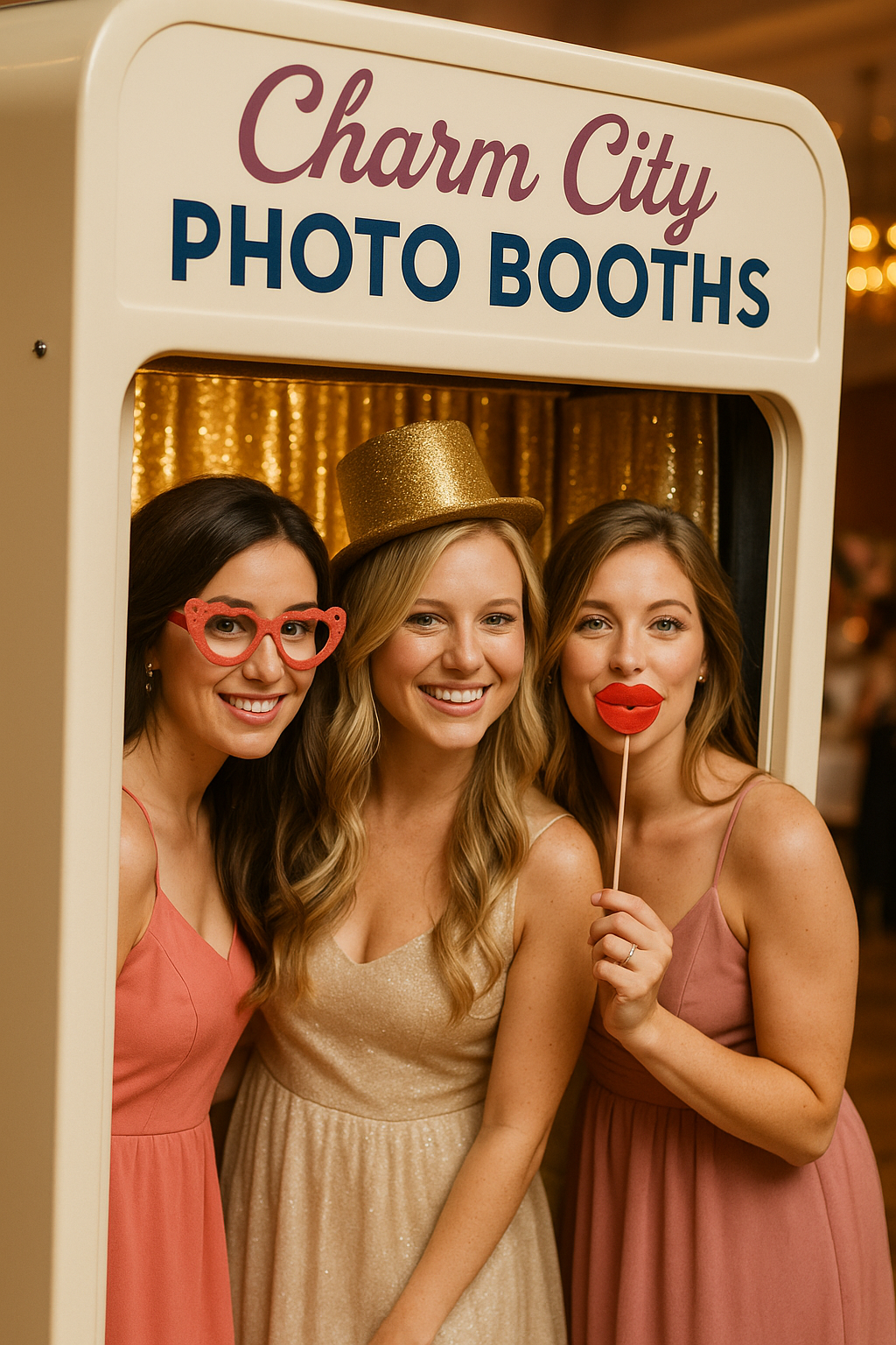 Guests in white photo booth frame with elegant props at Baltimore event