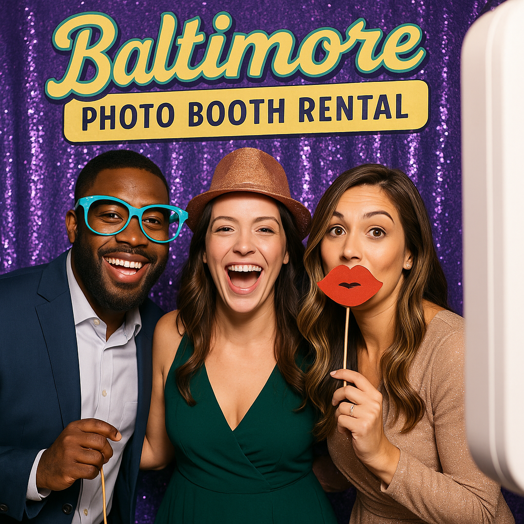 Party guests at Baltimore photo booth with purple backdrop and props